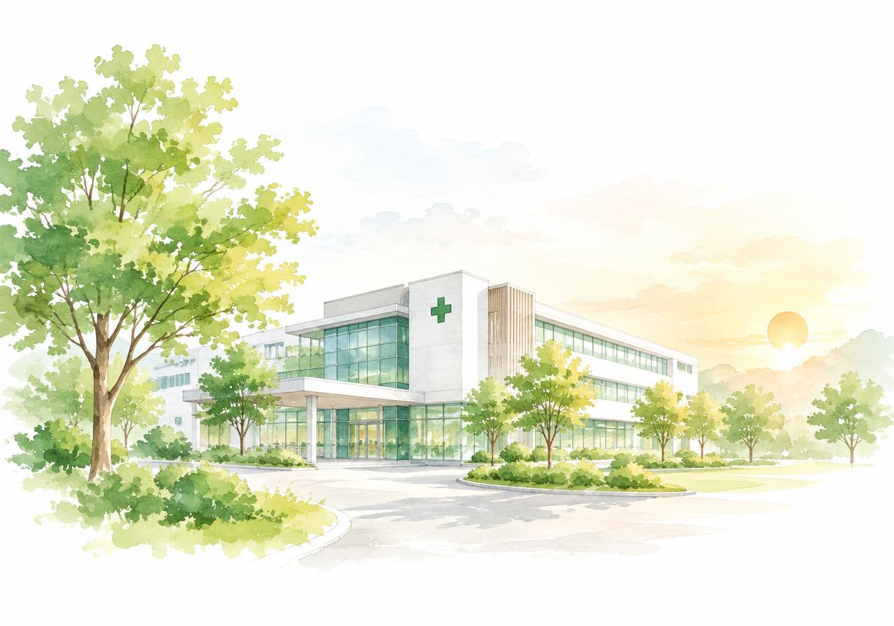 Illustration of a healthcare building among trees